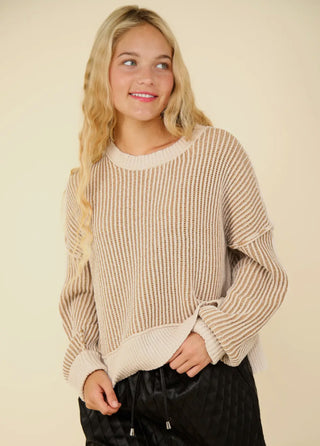 Two Toned Striped Casual Sweater- Ecru