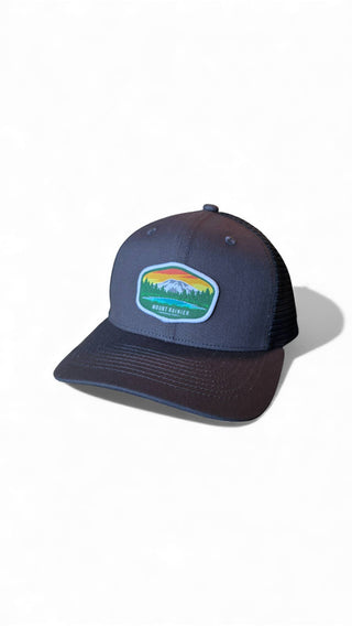 Mount Rainier National Park Snapback Trucker Hat w/ Patch: Black on Black Mesh