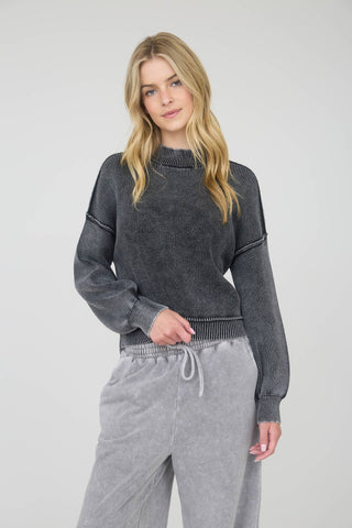 WASHED MOCK NECK LONG SLEEVE KNIT PULLOVER SWEATER: CHARCOAL
