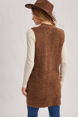 BUTTON DOWN V-NECK TEDDY KNIT LONG LINED VEST: DK.BROWN