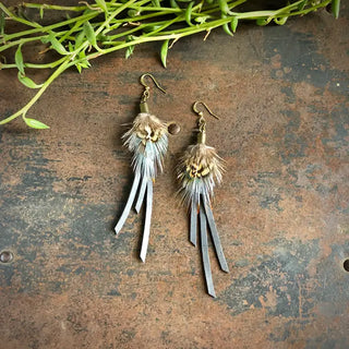 Leather + Feather Dangle Earrings- Charcoal