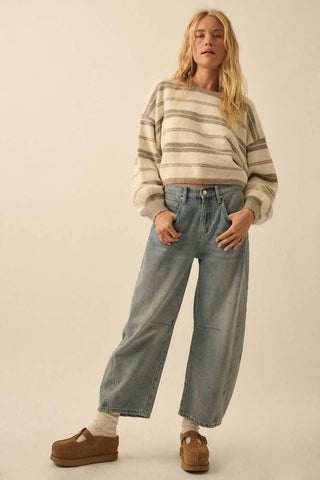 Striped Knit Dolman-Sleeve Loose-Fit Sweater