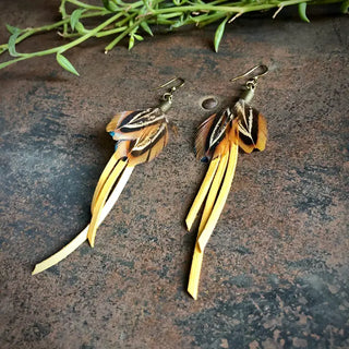 Leather + Feather Dangle Earrings- Gold