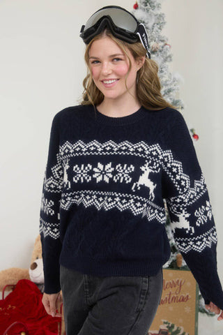 SNOWFLAKE DEER CABLE KNIT PULLOVER SWEATER: NAVY