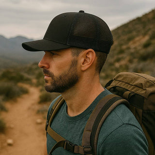 Mount Rainier National Park Snapback Trucker Hat w/ Patch: Black on Black Mesh