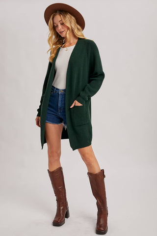 OPEN FRONT BATWING SLEEVE CARDIGAN: HUNTER GREEN