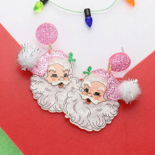 Glittered Resin Pom Santa Dangle Earrings: Pink