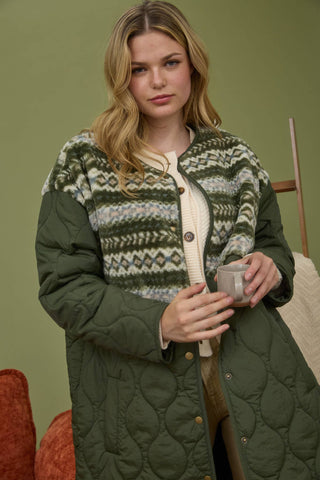 SHERPA DETAIL QUILTED LONG PUFFER COAT : OLIVE