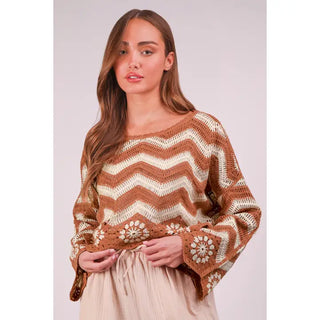 Chevron/Floral Pattern Crochet Knit Top - Mocha