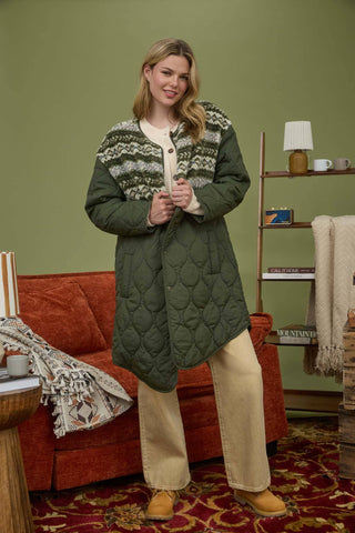 SHERPA DETAIL QUILTED LONG PUFFER COAT : OLIVE