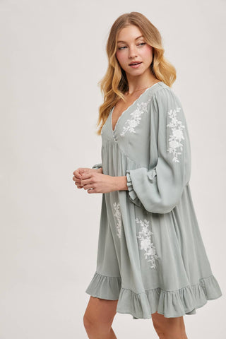 EMBROIDERED V-NECK RUFFLED DRESS: COCO