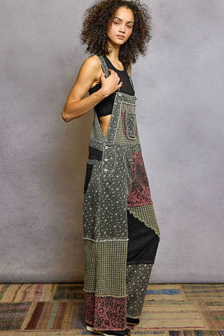Animal/Floral Print Frayed Edge Twill Woven Overalls