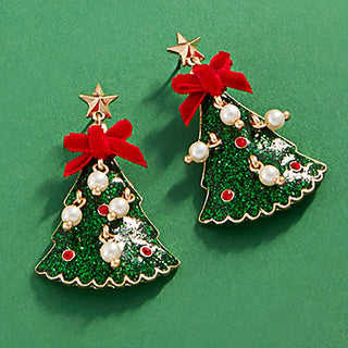 Glittered Enamel Christmas Tree Dangle Earrings: Green