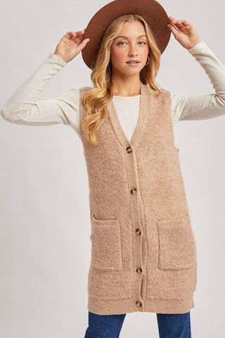 BUTTON DOWN V-NECK TEDDY KNIT LONG LINED VEST: DK.BROWN