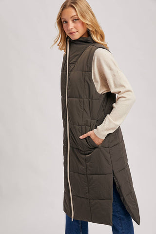 QUILTED LONGLINE PUFFER VEST: ASH