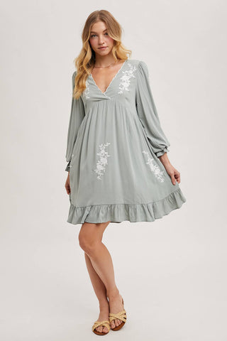 EMBROIDERED V-NECK RUFFLED DRESS: COCO