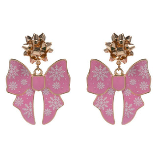 Festive Holiday Bow Dangle Earrings: Gold,Pink