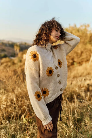 Sunflower Embroidered Button Down V Neck Cardigan