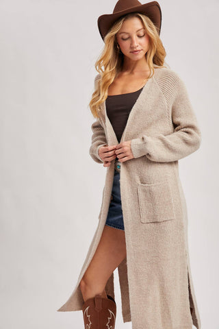 LONGLINE OPEN FRONT SIDE SLIT CARDIGAN: OATMEAL