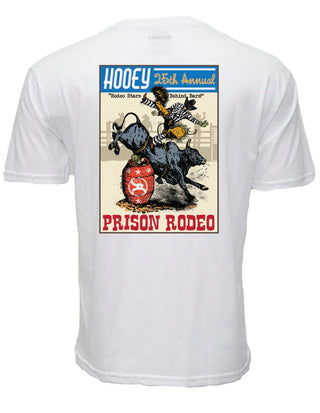 Prison Rodeo, Men’s White Crew Neck Cotton / Poly Short Sleeve T-Shirt with Multi Color Rodeo Poster on Back