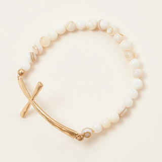 Cross Charm Glass Beaded Bracelet Natural