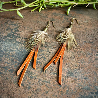 Leather + Feather Dangle Earrings- Rust