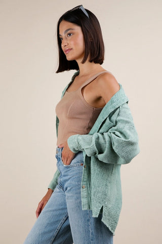 Mineral Washed Gauze Button Down Shirt Top - Sage