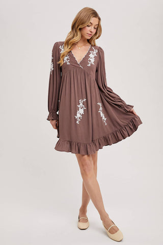 EMBROIDERED V-NECK RUFFLED DRESS: COCO
