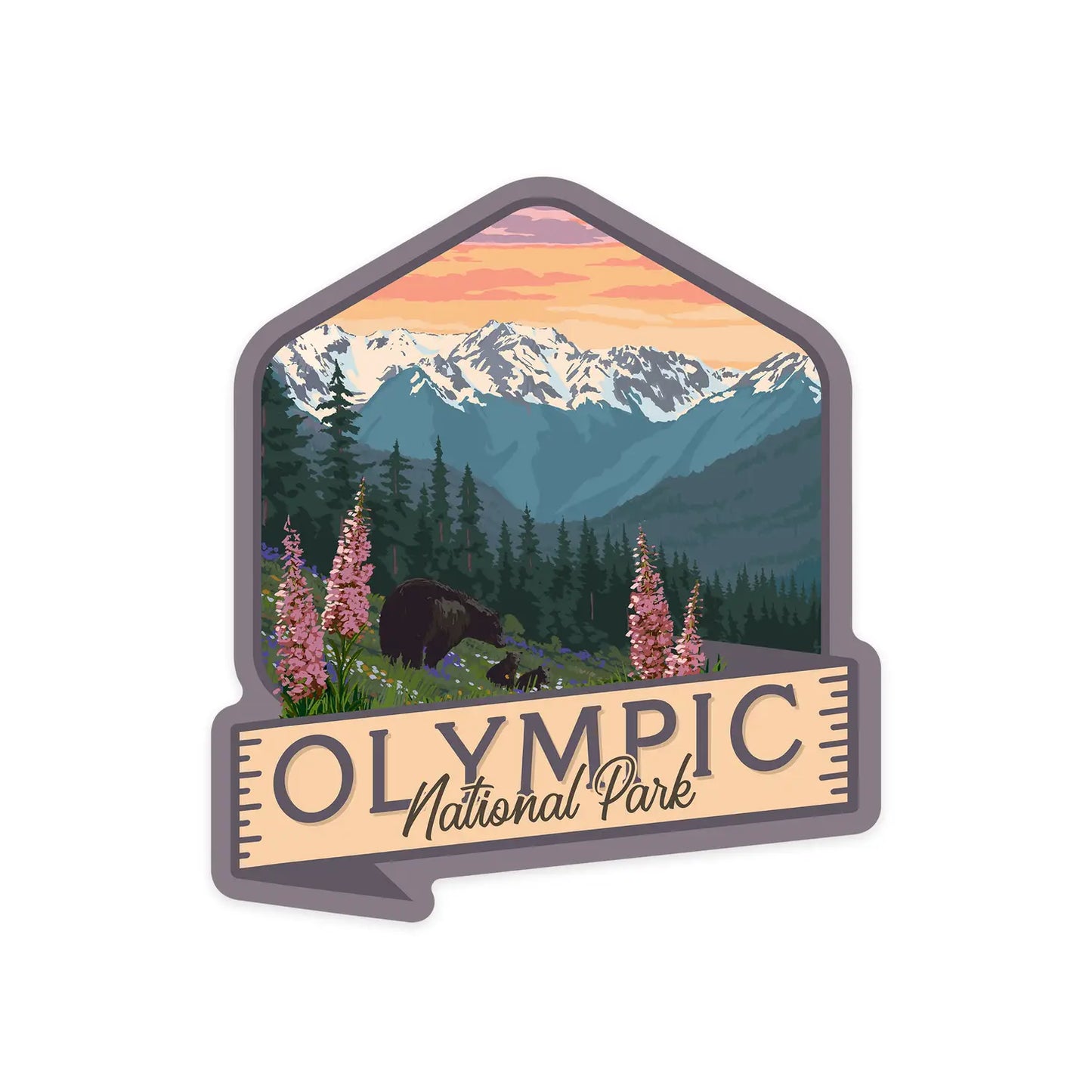 Olympic National Park, Washington - Bear Family and Spring Flowers Sticker
