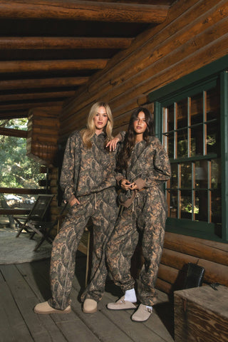 BAYOU Woodland Camo Lounge Fleece Wide Leg Sweatpants: Dark Camo