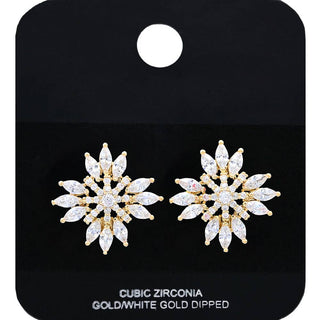 Gold Dipped Radiant CZ Stone Snowflake Stud Earrings: Gold