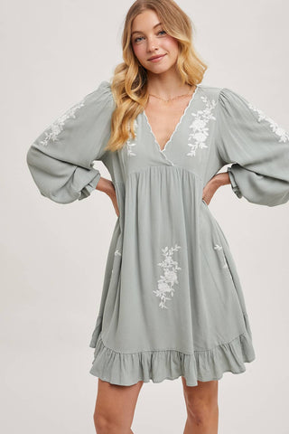 EMBROIDERED V-NECK RUFFLED DRESS: COCO