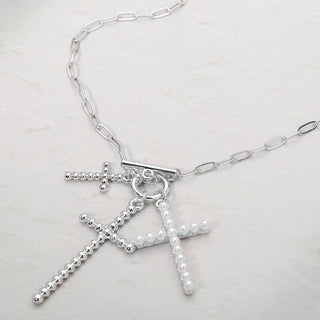 Metal Bubble Pearl Cross Charm Pendant Necklace: Rhodium