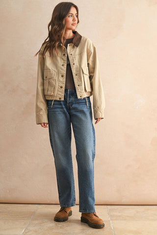 COLLAR CONTRASTED UTILITY JACKET: Beige