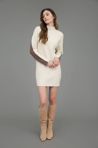 COLORBLOCK MOCK NECK LONG SLEEVE SWEATER DRESS: IVORY