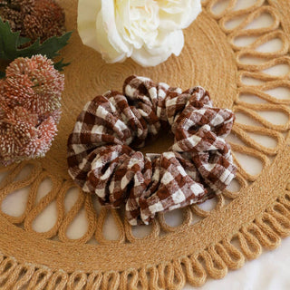Teddy Plaid Scrunchie - Chocolate Brown Color