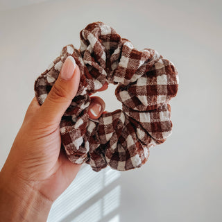Teddy Plaid Scrunchie - Chocolate Brown Color