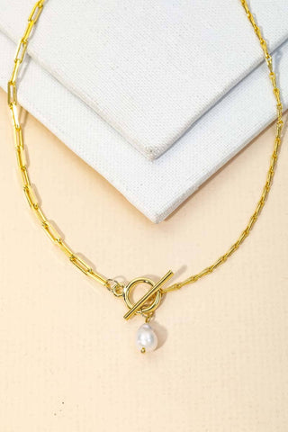 Toggle Chain Pearl Charm Necklace: Gold