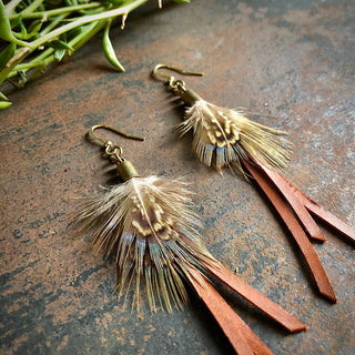 Leather + Feather Dangle Earrings- Rust