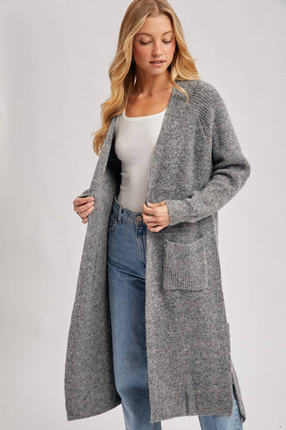 LONGLINE OPEN FRONT SIDE SLIT CARDIGAN: CHARCOAL