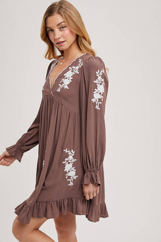 EMBROIDERED V-NECK RUFFLED DRESS: COCO