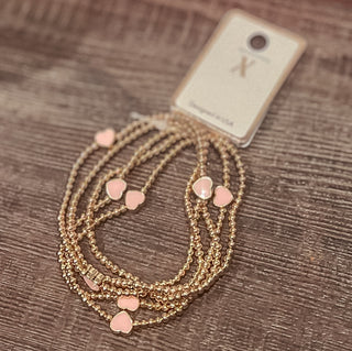 Gold & Pink Heart Stretch Bracelet Set