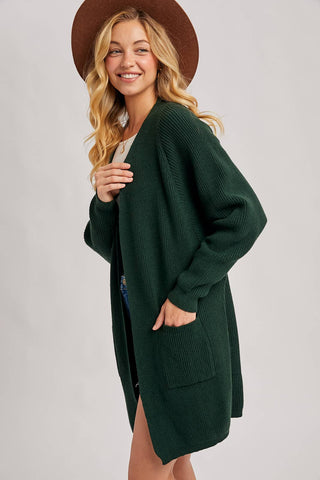 OPEN FRONT BATWING SLEEVE CARDIGAN: HUNTER GREEN
