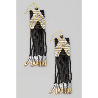 Rectangular Boho Seed Beaded Fringe Dangle Earrings-Black