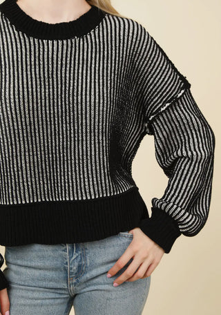 Two Toned Striped Casual Sweater- Black