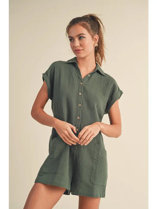 Olive Cotton Gauze Button Romper