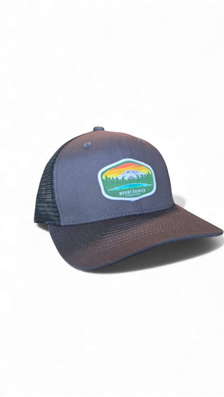 Mount Rainier National Park Snapback Trucker Hat w/ Patch: Brown on Khaki