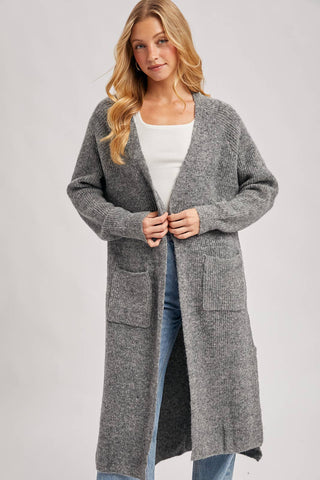 LONGLINE OPEN FRONT SIDE SLIT CARDIGAN: CHARCOAL