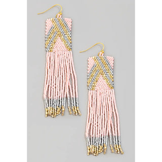 Rectangular Boho Seed Beaded Fringe Dangle Earrings-Pink