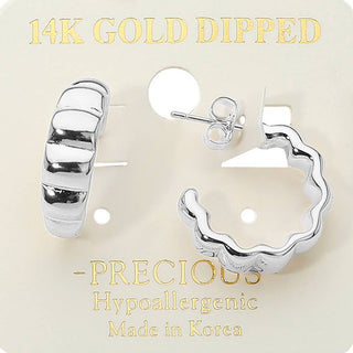 14K Gold Dipped Wavy Ribbed Hoop Earrings: Rhodium